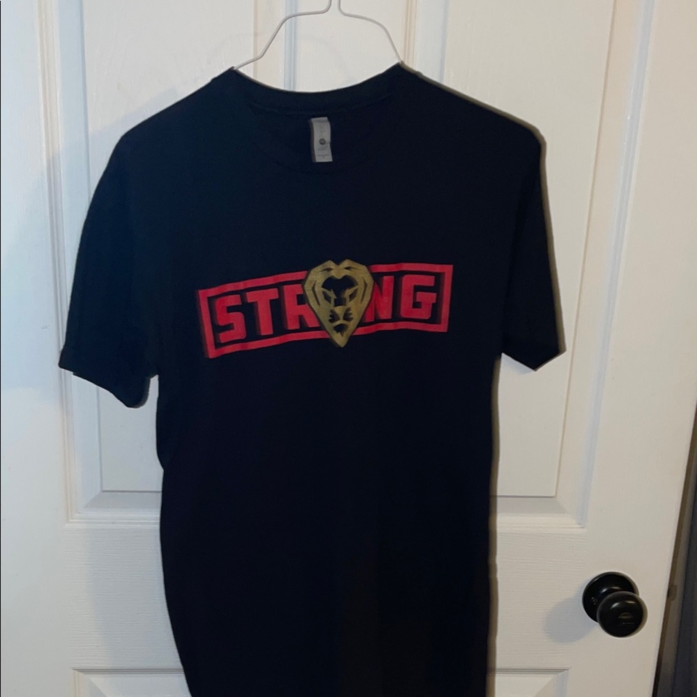 Next Level Apparel Black Tee with Red 'STRONG' Graphic and Gold Crest